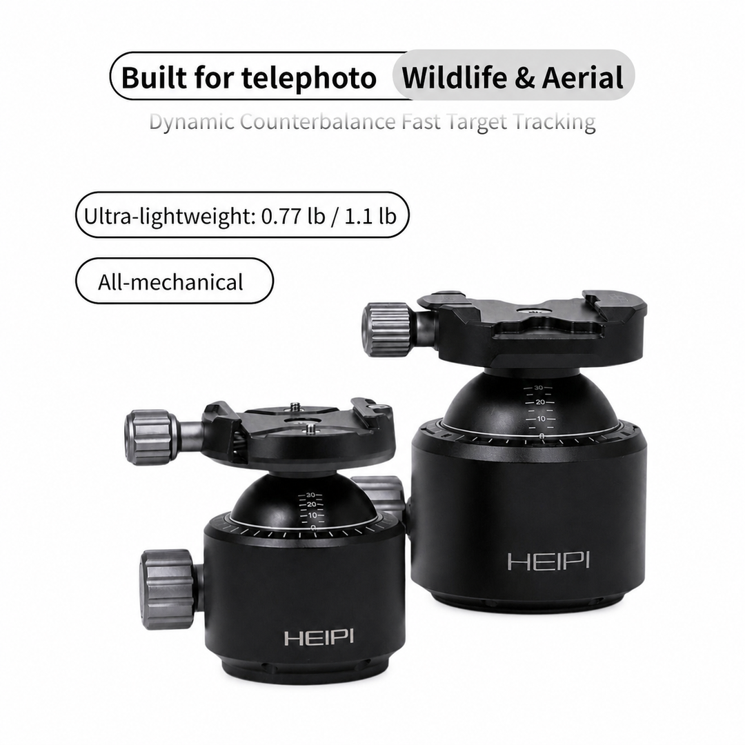 HEIPI KF50S and KF60S counterbalance ball heads for telephoto, wildlife, and aerial photography