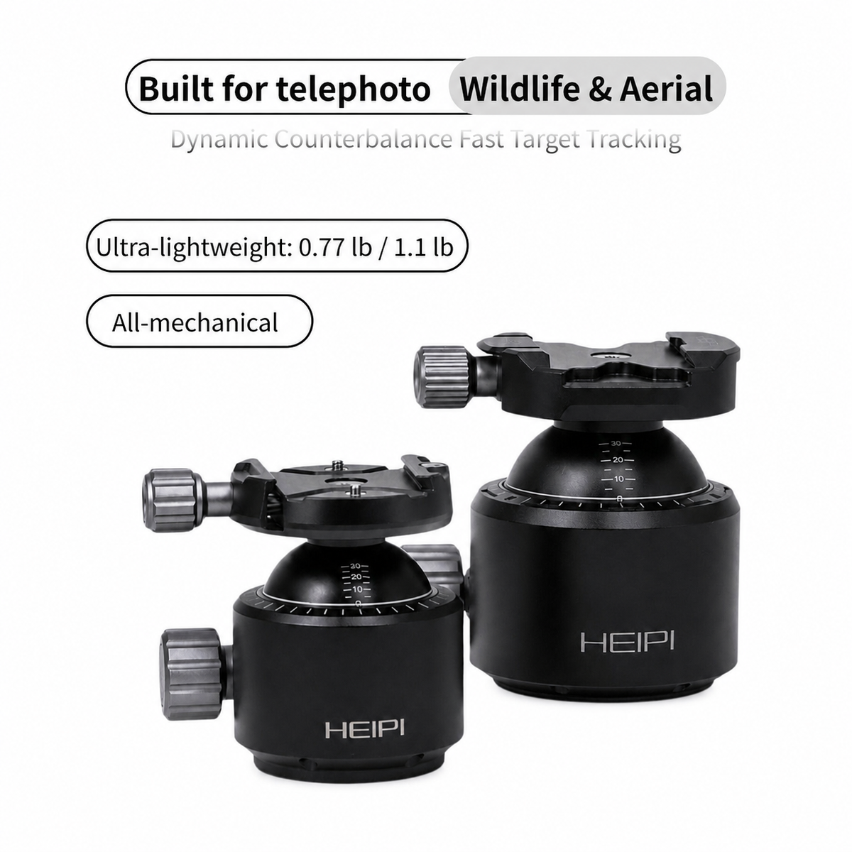 HEIPI KF50S and KF60S counterbalance ball heads for telephoto, wildlife, and aerial photography